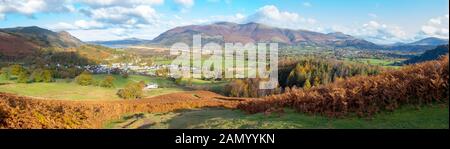 A panoramic view towards Braithwaite village from Barrow Fell in the Lake District,Cumbria,UK. Stockfoto