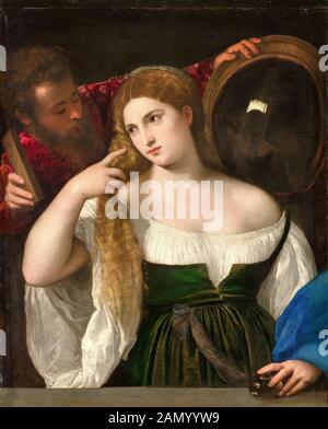 Tizian, Tiziano Vecellio, Frau mit Spiegel, Ölgemälde auf Leinwand, ca. 1515 Stockfoto