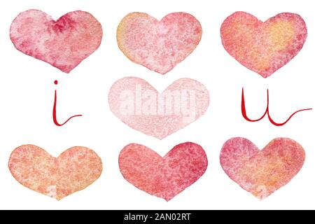 Ich liebe Euch Hintergrund mit watercolor Hearts, Valentinstag Hintergrund, Mutter Tag Herzschmuck, Liebeskonzept mit bunten Herzen Stockfoto