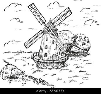 Windmühle. Handgezeichnete Skizze der Vektorgravur im Vintage-Stil. Stock Vektor
