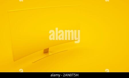 modisch geschwungener High-End-LED-fernseher auf gelbem Hintergrund. Minimales Ideenkonzept, 3D-Darstellung. Stockfoto