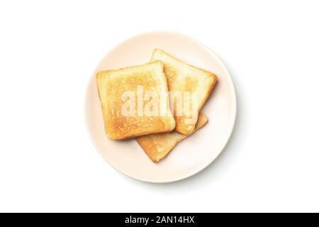 Platte mit leckeren Toasts isoliert auf weißem Hintergrund, Draufsicht Stockfoto