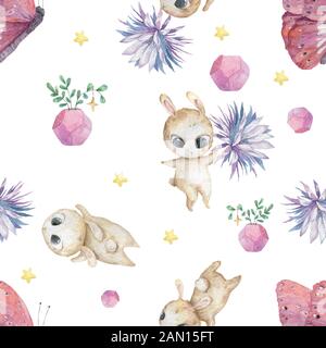 Aquarell nahtloses Muster mit niedlichem Brötchen mit Blumen rosa Schmetterlinge Hintergrund. Entzückende bunte Cartoon-Babyillustration zum Gruß, Einladung Stockfoto