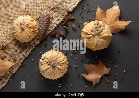 Herbst Winter Hintergrund mit Kürbissen, getrocknete Blätter, Ananas und der ganze Pfeffer auf rustikalen schwarzer Hintergrund Stockfoto