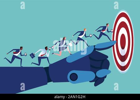 Vektor der Geschäftsleute, die auf einer Roboterhand auf das Ziel zeigen Stock Vektor