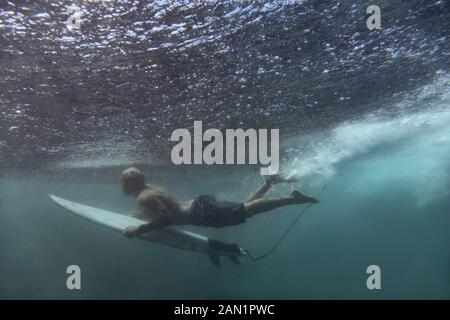 Surfer auf Surfbrett, Unterwasseraufnahme Stockfoto