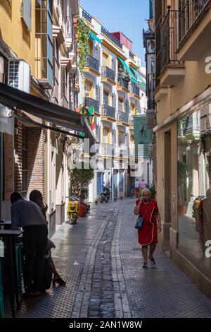 Die enge, bunte Calle de Fernán Caballero im Casco Antiguo von Sevilla. Stockfoto