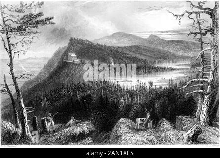 Gravur der zwei Seen und den Berg Haus auf der Catskills mit hoher Auflösung gescannt. aus einem Buch im Jahre 1840 gedruckt. Glaubten copyright frei. Stockfoto