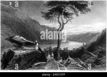 Eine Gravur im Tal der Shenandoah, von Jefferson's Rock (Harpers Ferry) bei hoher Auflösung gescannt. aus einem Buch im Jahre 1840 gedruckt. Stockfoto