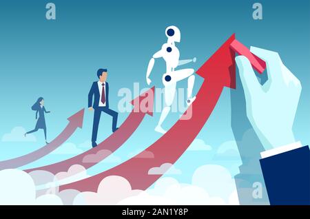 Vektor der Hand eines Geschäftsmannes, der einen roten Pfeil mit Geschäftsleute und Roboter nach oben zieht Stock Vektor