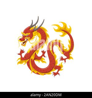 Chinesischer roter Drache Symbol der Macht und der Weisheit, die isoliert auf weißem Hintergrund fliegen Stock Vektor