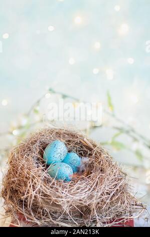 Echtes Nest mit drei Gefleckte blaue Eier sitzen über einem Stapel von Vintage Books mit unscharfen bokeh Hintergrund.. Stockfoto