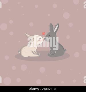 Farbvektor-Illustration von Tierkaninchen und Hasen zum Valentinstag, Paare in Liebe auf den Hintergründen. Stock Vektor