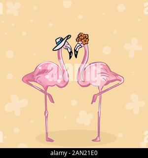 Farbvektorillustration von Flamingo-Vögeln zum Valentinstag, Paare verliebt sich auf den Hintergründen. Stock Vektor