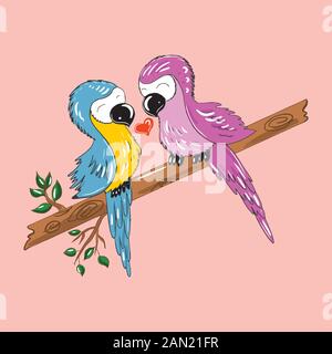 Farbvektorillustration von Papageienvögel auf einem Zweig zum Valentinstag, Paare verliebt sich auf den Hintergründen. Stock Vektor