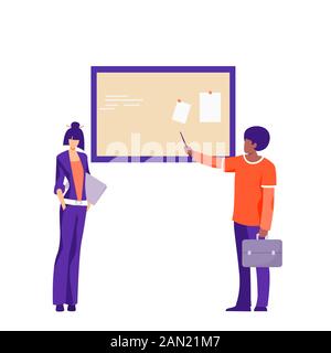 Lässiger männlicher Charakter, der die Präsentation vor einer Geschäftsfrau zeigt, vektorale Flachdarstellung Stock Vektor