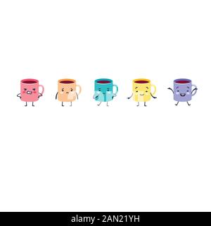 Bunte Tassen oder Tassen mit verschiedenen Emotionen. Stock Vektor