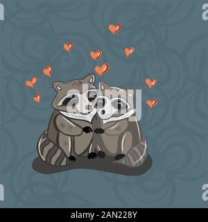 Farbvektorillustration tierischer Waschbären zum Valentinstag, Paare verliebt sich in den Hintergrund. Stock Vektor