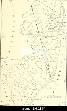 New Jersey, von der Entdeckung Scheyichbis bis hin zu den letzten Zeiten. Zwischen den beiden Provinzen, die 1676 gebildet wurden. Es lief vom südlichen Ende des heutigen Long Beach, im Little Egg Harbor, bis zu einem Punkt am Delaware River. Danach wurden zwei weitere Trennwände erstellt, die beide an derselben Stelle auf der Seeseast beginnen; eine davon, die nach Westen und die andere nach Osten verläuft, auf der ursprünglichen Linie. Nach einigen Änderungen in der Eigentümerschaft der TheColony kam West Jersey in den Besitz von Twelvemen, von denen einer der gefeierte William Penn war, dessen Verbindung mit West Jersey sechs Ye begann Stockfoto