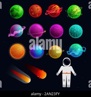 Raumgruppe von Planeten, Kometen und Astronauten. Stock Vektor
