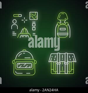Online-Spiel-Inventar Neon-Licht-Symbole gesetzt. Shooter von First Person. Taktischer Rucksack, Schutzhelm, Behälter, Paket. Kampfausrüstung, ITE Stock Vektor