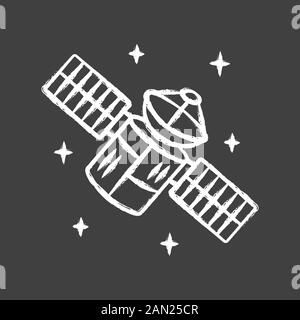 Kreidesymbol des Satelliten. Sputnik. Künstliches Objekt im Orbit. Raumsonde. Militärische und zivile Erdbeobachtung. Weltraumteleskop. GPS-Navigation. Isol Stock Vektor