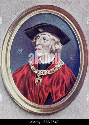 Maximilian I., 22. März 1459 - 12. Januar 1519, war König der Römer, auch als König der Deutschen bekannt, von 1486 und Heiliger römischer Kaiser von 1508 bis zu seinem Tod / Maximilian I., 22. März 1459 - 12. Januar 1519, war ab 1486 König der Römer, auch König der Deutschen genannt, und von 1508 bis zu einem Tod römischer Kaiser, historisch, digital verbesserte Wiedergabe eines Originals aus dem 19. Jahrhundert / Digitale Produktion einer Originalanlage aus dem 19. Jahrhunderts Stockfoto