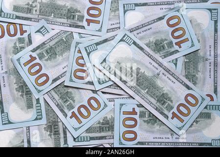 Hintergrund der hundert Dollar, Rechnungen. Die Independence Hall auf USA Geld Banknote. Amerikanische Dollar Banknoten Hintergrund. US-Dollar Muster. 100 dolla Stockfoto