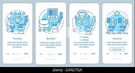 Flugzeugreise mit türkis-onboarding-Bildschirm für mobile Apps mit linearen Konzepten. Anweisungen für die grafische Darstellung der Schritte in der Economy-Klasse. Stock Vektor