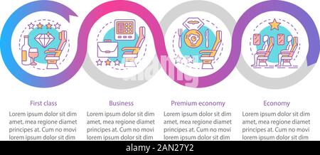 Infografievorlage für Sitzvektor in der Reiseklasse für Flugzeuge. Designelemente für Geschäftspräsentationen. Datenvisualisierung mit vier Schritten und Optionen. Prozess Stock Vektor
