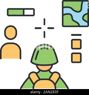 3D-Shooter-Farbsymbol. Virtuelles Videospiel. Online-Multiplayer. Battle royale. Cybersport, Wettbewerb, Mission. Computerspiel-Schnittstelle. Isolat Stock Vektor