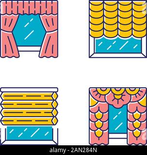 Fenster blendet die Farbsymbole ein. Österreichische, zelluläre Farbtöne, Spitzen-Vorhänge, Fenster-Behandlung-Set. Raum verdunkelt Dekoration. Hausdekor. Innenbereich des Büros Stock Vektor