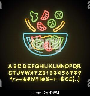 Symbol für Neon-Licht in der Salatschüssel. Frische Bio-Lebensmittel. Veganes Essen, Gemüse. Gesunde Ernährung. Tomate, Gurke. Leuchtende Zeichen mit Alphabet, Zahlen und Stock Vektor