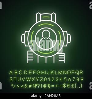 Symbol für Neon-Licht im Aufnahmesymbol. Shooter von First Person. Sniper AIM, Pistole Fadenkreuz. Gewehr, Schusswaffe Ziel, Fokus. Leuchtendes Zeichen mit Alphabet, Zahlen Stock Vektor