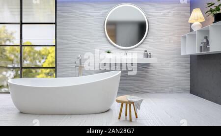 3D-Darstellung der modernen Bad mit runder Badewanne. Grob strukturierte Wand- und Bodenfliesen. Weiße Badewanne am Fenster mit Bäumen im Hintergrund. Stockfoto