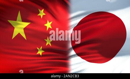 China und Japan Flaggen Hintergrund, diplomatischen und wirtschaftlichen Beziehungen, Finanzen Stockfoto