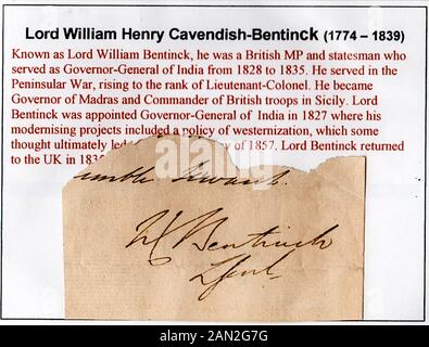 Signatur von William Henry Cavendish-Bentinck (1774-1839), Herr William Bentinck, britischer Soldat und Staatsmann Stockfoto