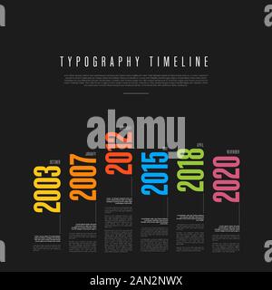 Vector Infographic Typographic Timeline Berichtsvorlage mit den größten Meilensteinen Jahre und Beschreibung - dunkle Version Stock Vektor