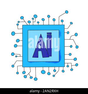 AI Hand gezeichnet. Künstliche Intelligenz Emblem. Neuronale Netze Konzept. Vector Illustration. Stock Vektor