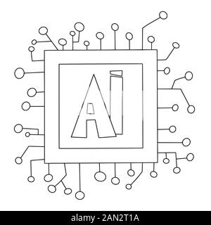 AI Hand gezeichnet. Künstliche Intelligenz Emblem. Neuronale Netze Konzept. Vector Illustration. Stock Vektor