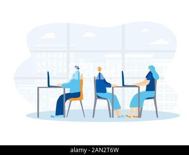 Feige Konzept. Kollegen, die am Schreibtisch sitzen und gegen große Fenster arbeiten. Jugendliche, die Computer am Tisch benutzen. Teamarbeit. Leute lesen Stock Vektor