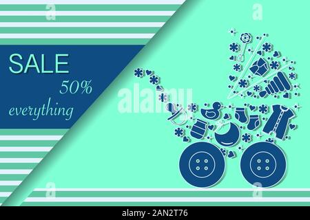 Vector Illustration Baby-Kinderwagen, Babyartikel. Verkaufsvorlage jetzt kaufen Hintergrund Großverkauf Angebot Preissenkung Werbung Einkauf Discoun Stock Vektor