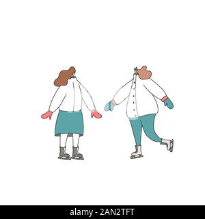 Eisläufer. Ein Paar Frauen, die sich in warmen Winterkleidung auf der Eisbahn kleiden. Zwei Mädchen isoliert auf weißem Hintergrund. Vektorgrafiken. Stock Vektor