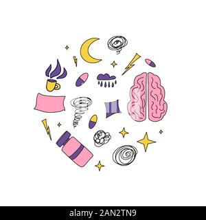 Emblem für psychische Störungen. Psychologische Fragen runden die Zusammensetzung mit Elementen der Schlaflosigkeit ab. Symbole des Stresses. Vektorgrafiken im Doodle-Stil. Stock Vektor