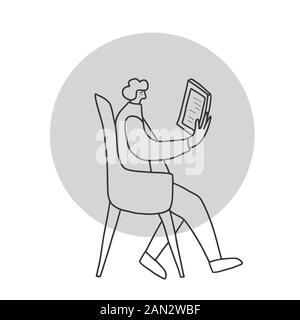 Erwachsene Person sitzt auf ihrem Tablet im Stuhl. Ältere Frau liest ein elektronisches Buch. Vektorgrafiken. Stock Vektor