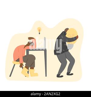 Plagiatskonzept. Ein müde Mann, der eine Idee erschaffen hat, und ein Pirat, der diese Metapher stiehlt. Dieb in der Maske schleicht sich mit einer Glühbirne in den Händen und läuft davon Stock Vektor