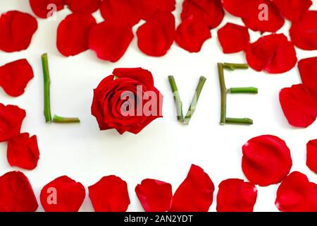 Das Wort Liebe buchstabiert mit isolierten roten Blütenblätter Rosen auf weißem Hintergrund perfekt für Valentines Tag und Tag der Frauen. Stockfoto