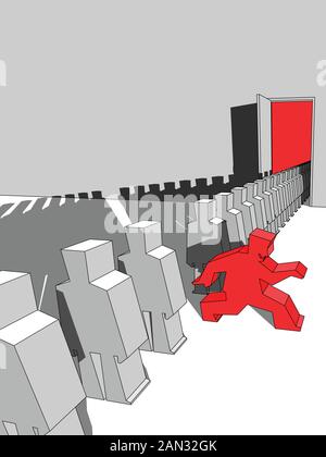 Vor der großen Tür schleicht sich ein Mann aus einer langen Schlange Stock Vektor