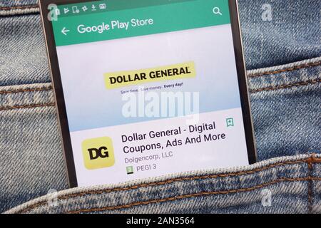 Dollar Allgemein - Digitale Coupons, ADS und mehr App bei Google Website Play Store auf dem Smartphone in Jeans Tasche versteckt angezeigt Stockfoto