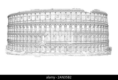 Kolosseum oder Kolosseum, auch Flavisches Amphitheater genannt, ein ovales Amphitheater im Zentrum der Stadt Rom, Italien, / Kolosseum oder Kolosseum, alias das Flavische Amphitheater, ein ovales Amphitheater in der Mitte der Stadt von Rom, Italien, Historisch, Digitale verbesserte Wiedergabe eines Originals aus dem 19. Jahrhundert / Digitale Produktion einer Originalanlage aus dem 19. Jahrhunderts Stockfoto